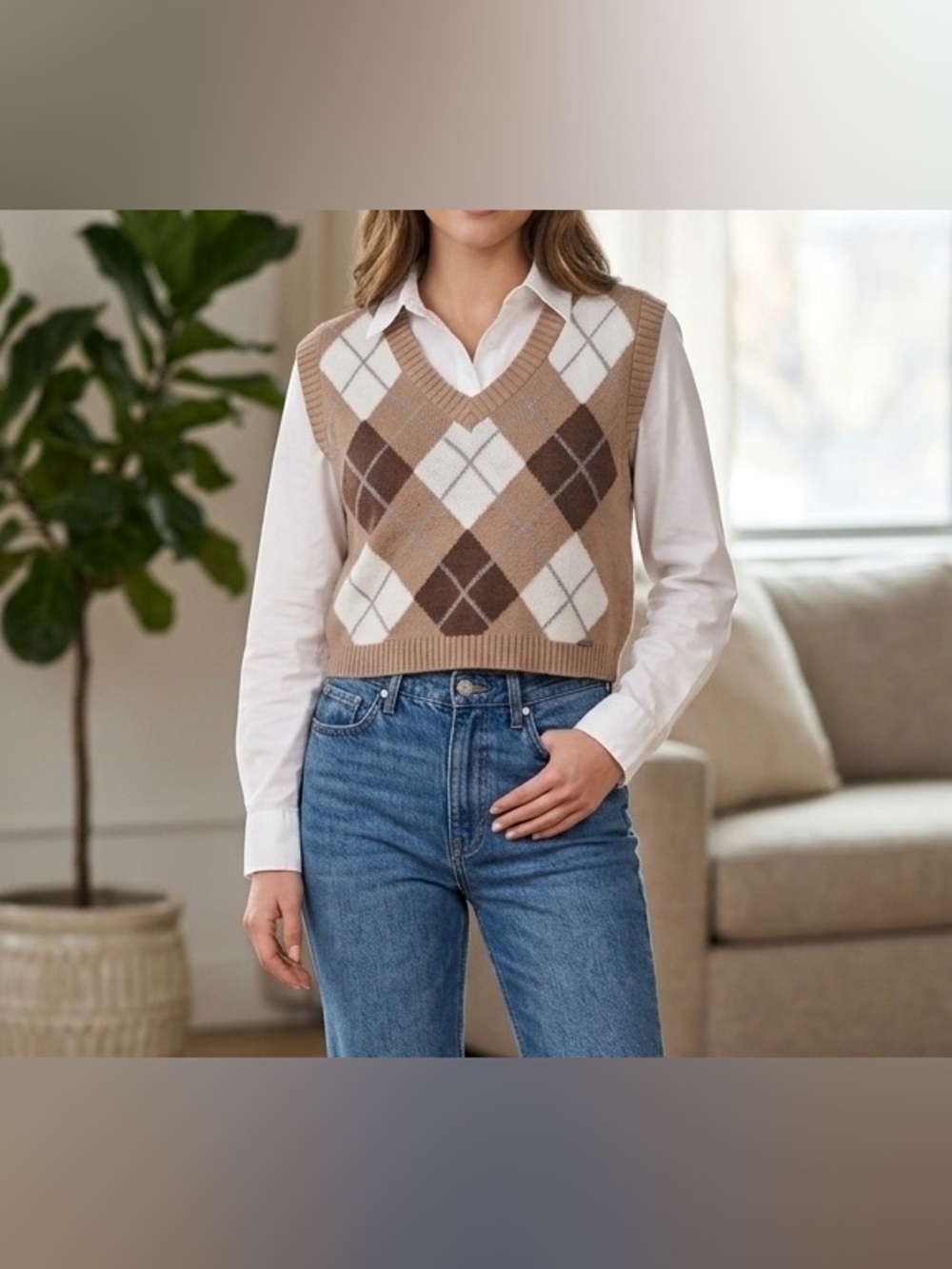 Hollister Brown Argyle Cropped Sweater Vest Size XS Preppy Dark Academia 90s